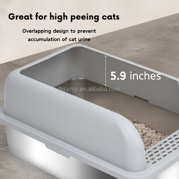 Easy Cleaning Cat Toilet Tray XL Stainless Steel High Sides Litter Box For Big Cats