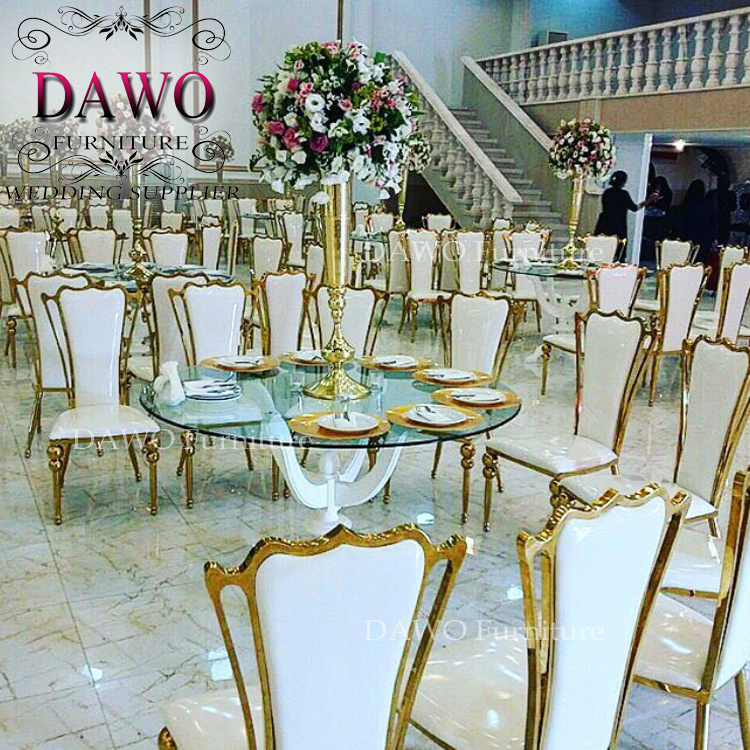 low price gold stainless steel banquet chair with white pu leather