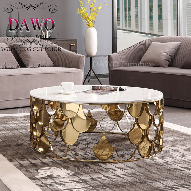 Hotel used modern round mirror glass tea table with metal base