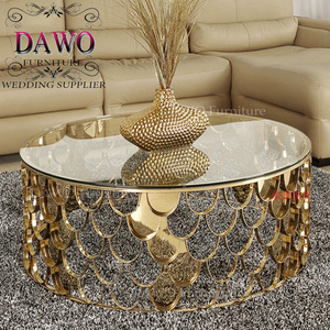 Hotel used modern round mirror glass tea table with metal base