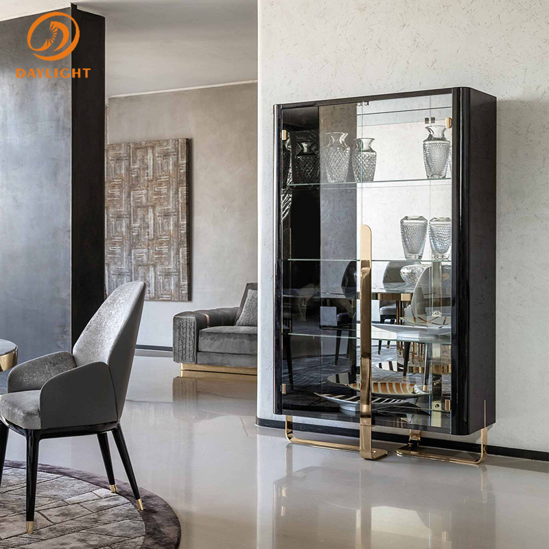 wholesale custom design luxury house wine mini bar display corner with stainless steel leg cabinet black wooden for living room