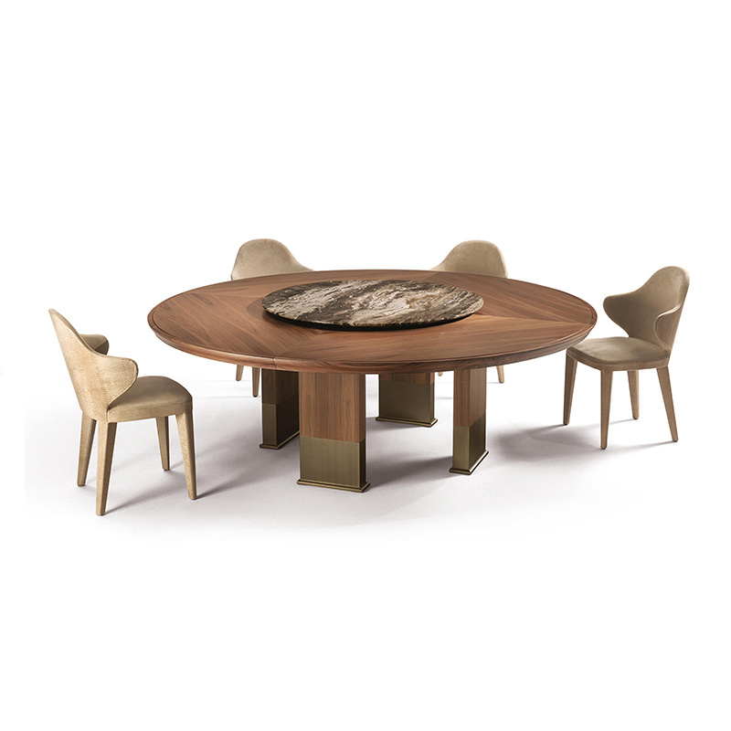 Modern round walnut wooden dining table with rotating centre