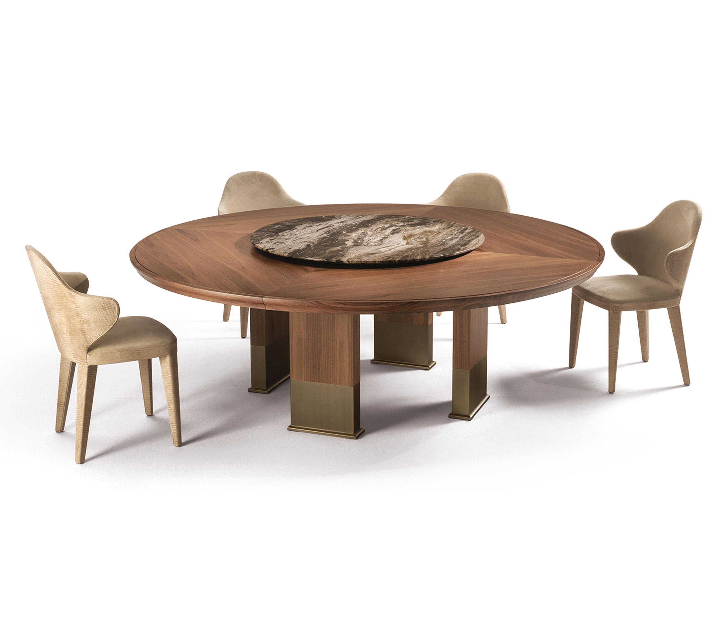 Modern round walnut wooden dining table with rotating centre