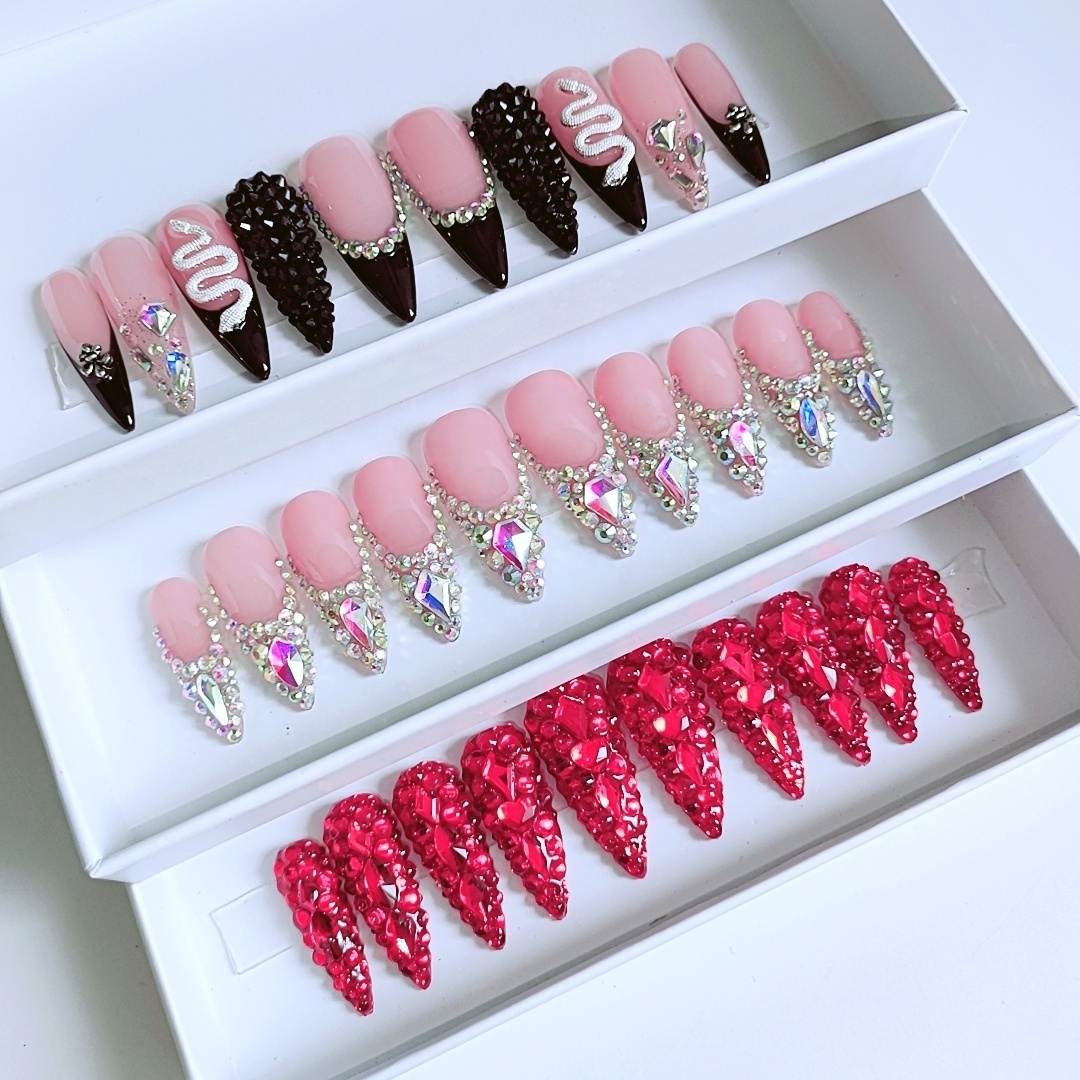 Bling Rhinestone Handmade False Nails Custom Logo Acrylic Press On Nails Medium Length