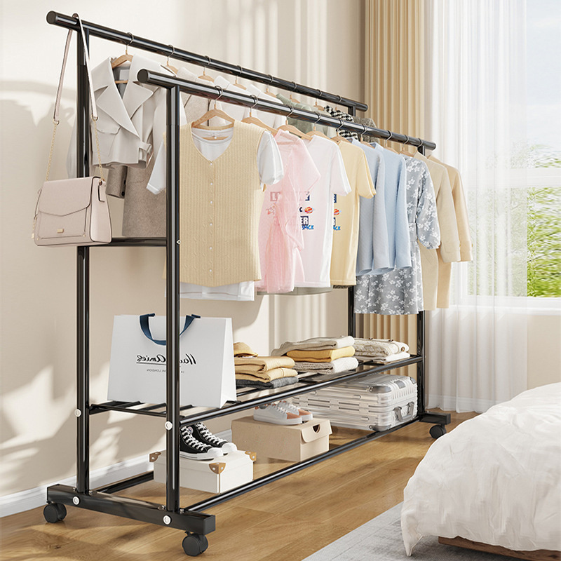 Multifunction Metal Garment Rack Wholesale Household Clothes Storage Hanging Rack Movable Double Rod Space Saving Clothes Rack