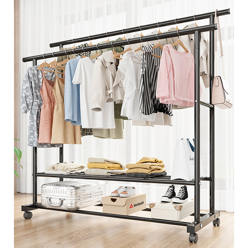 Multifunction Metal Garment Rack Wholesale Household Clothes Storage Hanging Rack Movable Double Rod Space Saving Clothes Rack