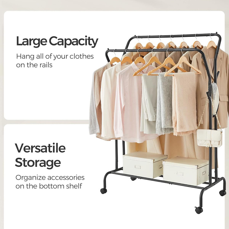 Heavy Duty Double Rod Clothes Rack Adjustable Classic Clothes Hanging Garment Rack Wholesale Household Rolling Drying Racks