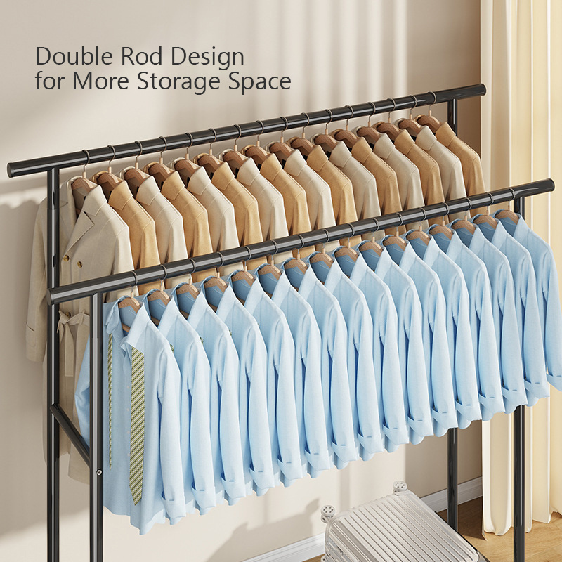 Multifunction Metal Garment Rack Wholesale Household Clothes Storage Hanging Rack Movable Double Rod Space Saving Clothes Rack