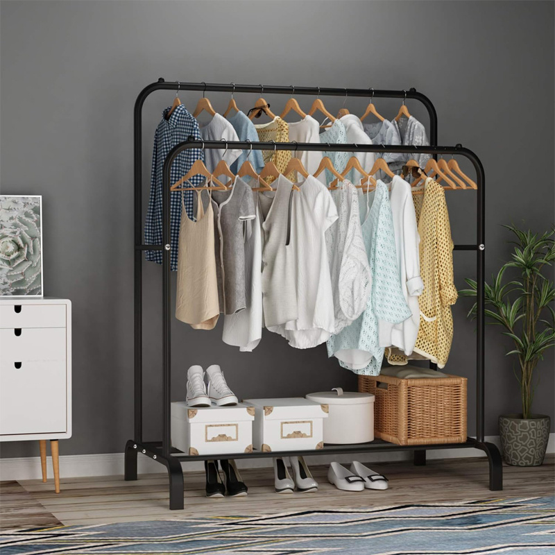 Clothing Double Rod Garment Rack with Shelves Wholesale Freestanding Coat Rack Metal Hang Dry Clothes Rack for Hanging Clothes