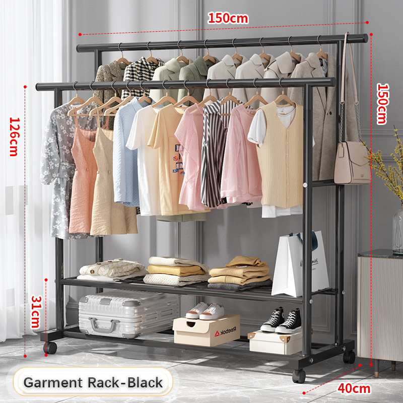 Multifunction Metal Garment Rack Wholesale Household Clothes Storage Hanging Rack Movable Double Rod Space Saving Clothes Rack