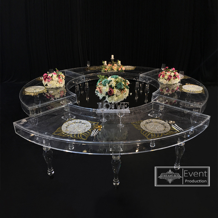 New arrival half moon plastic clear acrylic wedding acrylic dining table clear round transparent