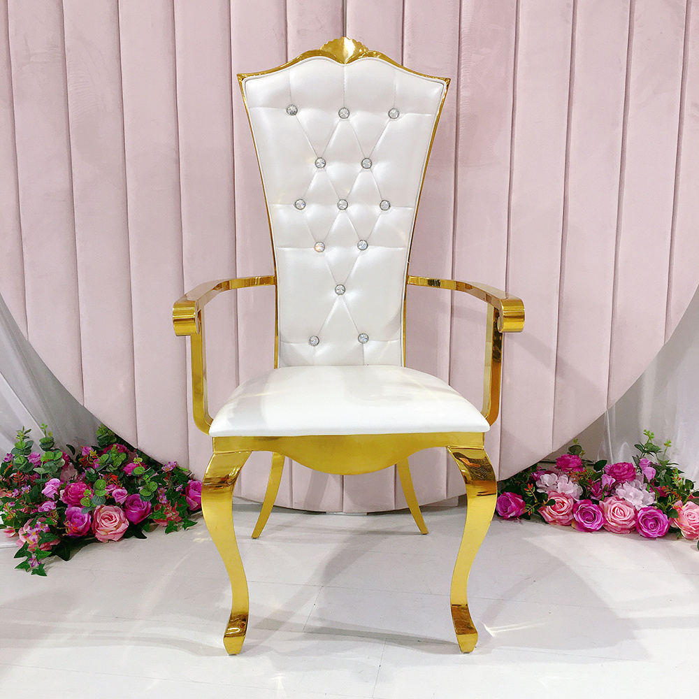 Modern Luxury Gold Leather Chair with Stainless Steel Armrest Throne Dining Chair for Bridal Groom for Wedding Party Events