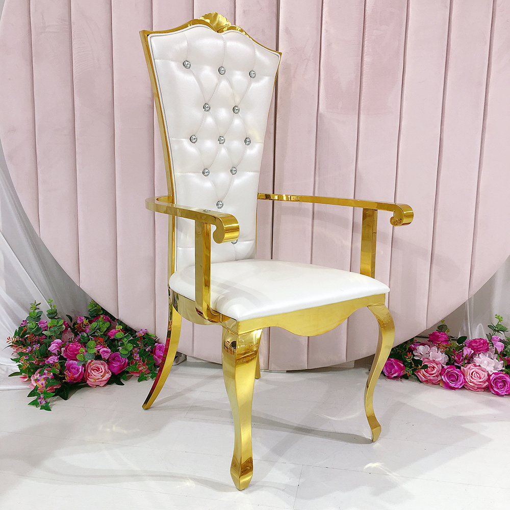 Modern Luxury Gold Leather Chair with Stainless Steel Armrest Throne Dining Chair for Bridal Groom for Wedding Party Events