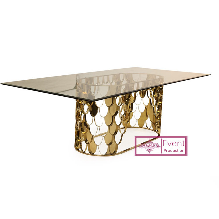 gold fish scale shaped stainless steel base glass top table for wedding dining room