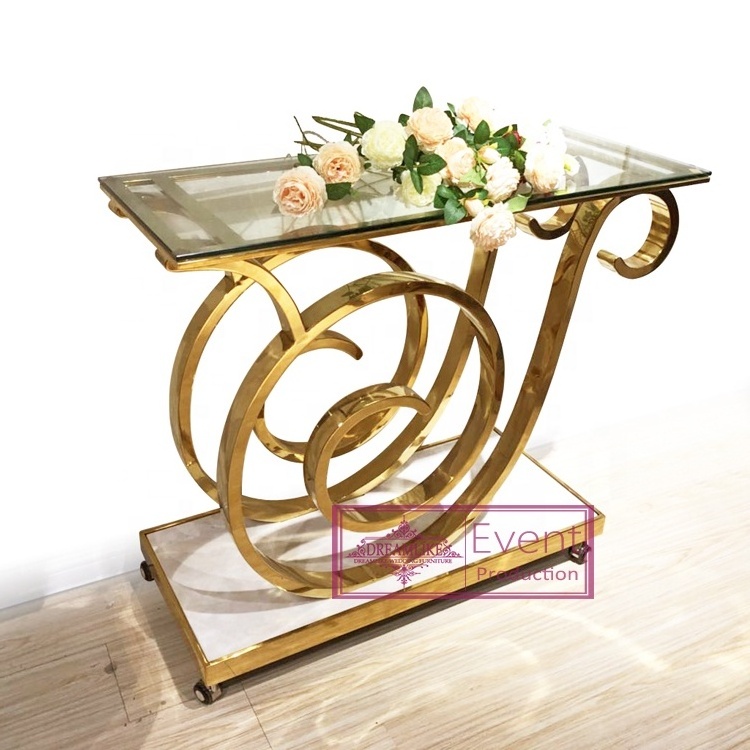 fashion design gold stainless steel base with clear tempered glass top cake display table with wheels  for wedding