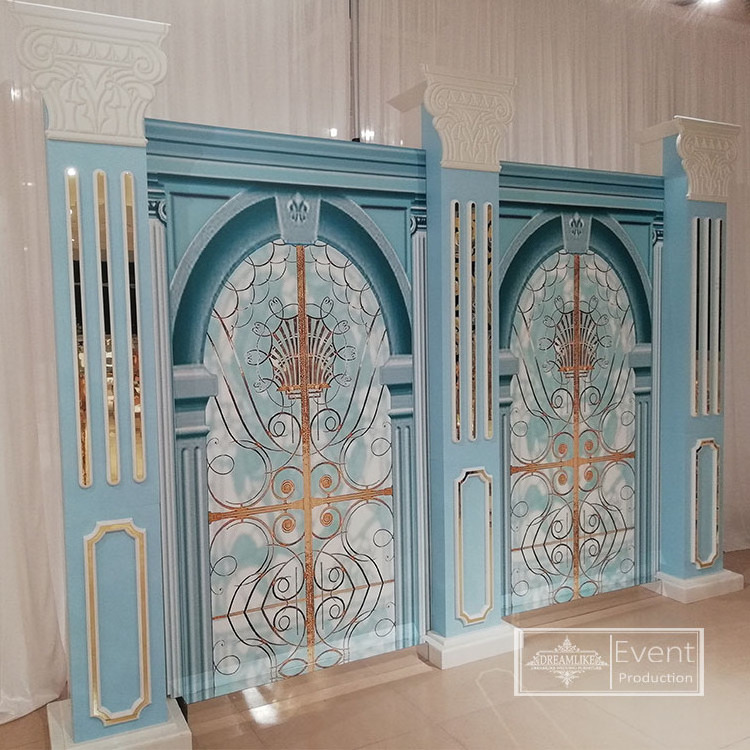 Mediterranean blue dreamlike furniture rectangular plastic pvc base blue arch window gate wedding stage backdrop