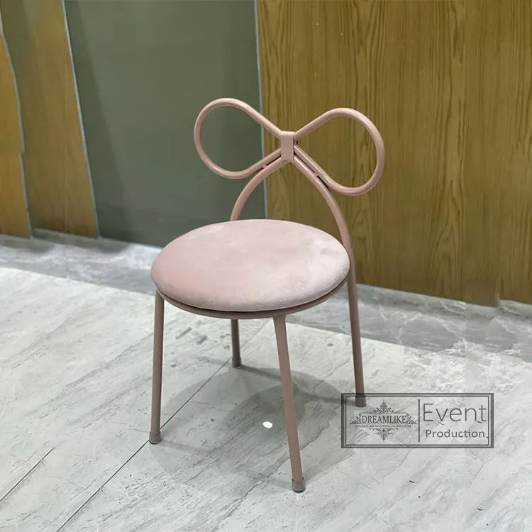 Modern Pink Velvet Kid Chair Small Mini Children Dining Chair with Bow Back and Iron Frame for Wedding Party Hotel Outdoor Use