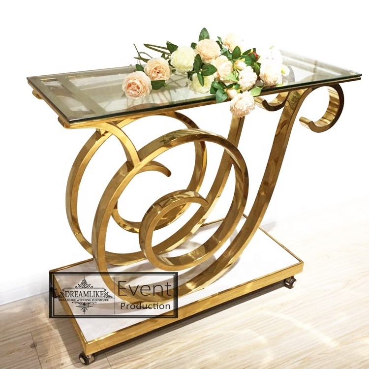 fashion design gold stainless steel base with clear tempered glass top cake display table with wheels  for wedding