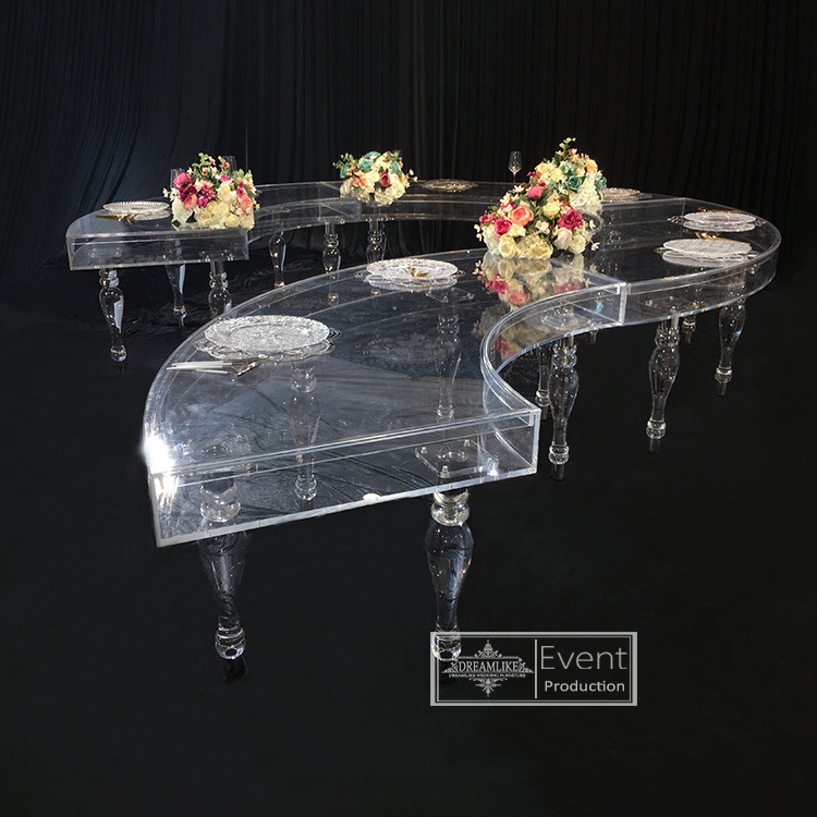 New arrival half moon plastic clear acrylic wedding acrylic dining table clear round transparent