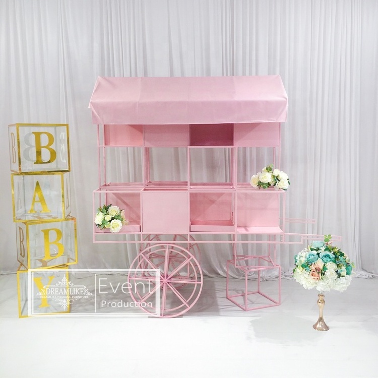 Hot sale events party decoration dessert stainless display cart pink metal candy cart for wedding