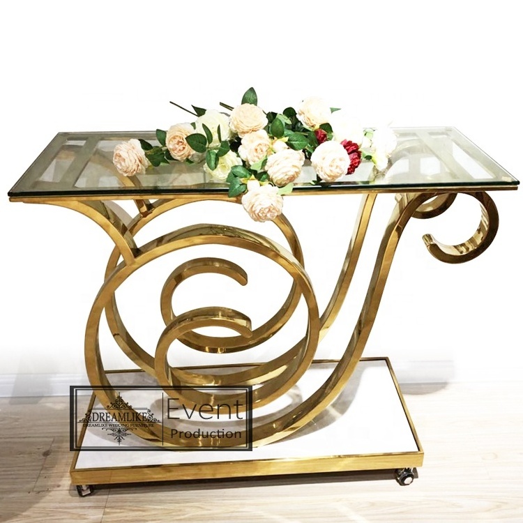 fashion design gold stainless steel base with clear tempered glass top cake display table with wheels  for wedding