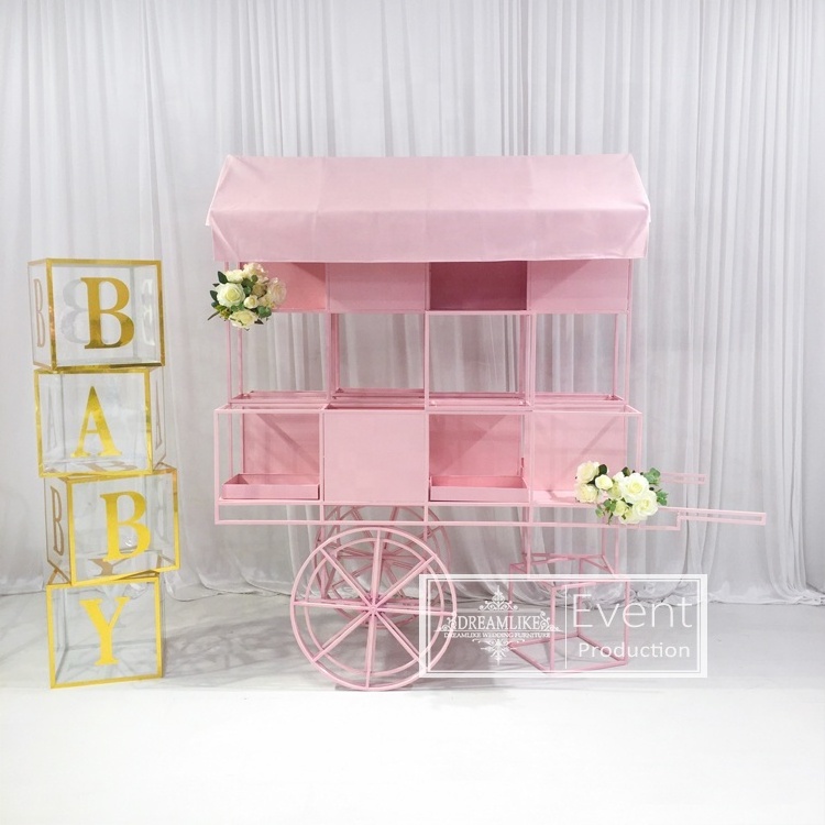 Hot sale events party decoration dessert stainless display cart pink metal candy cart for wedding