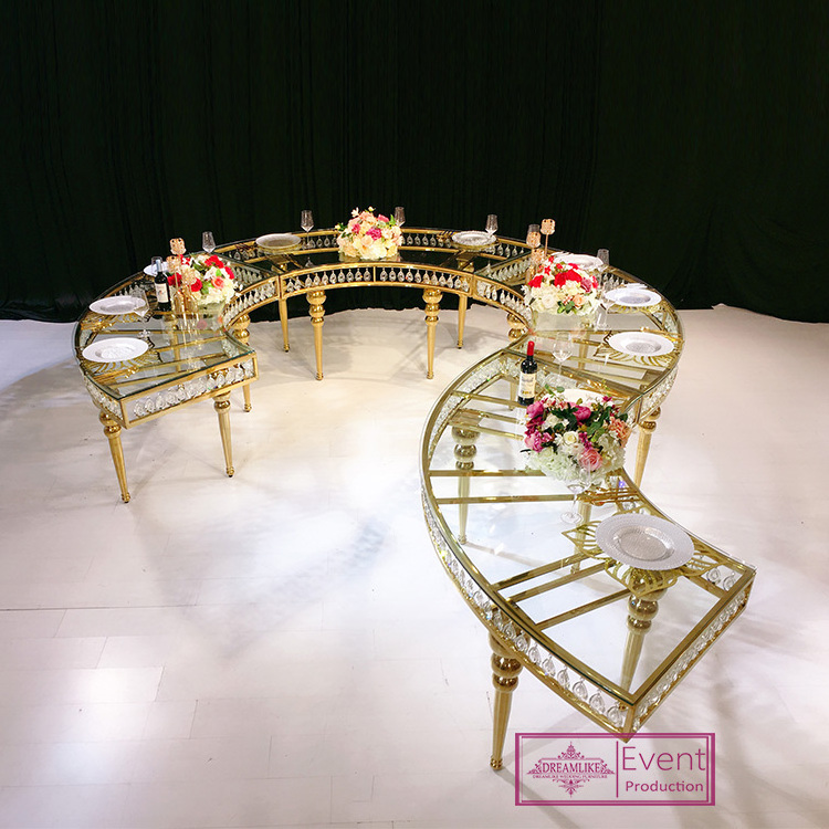 Modern S-Shaped or Half Moon Wedding Table Transparent Serpentine Metal Dining Table for Outdoor Use