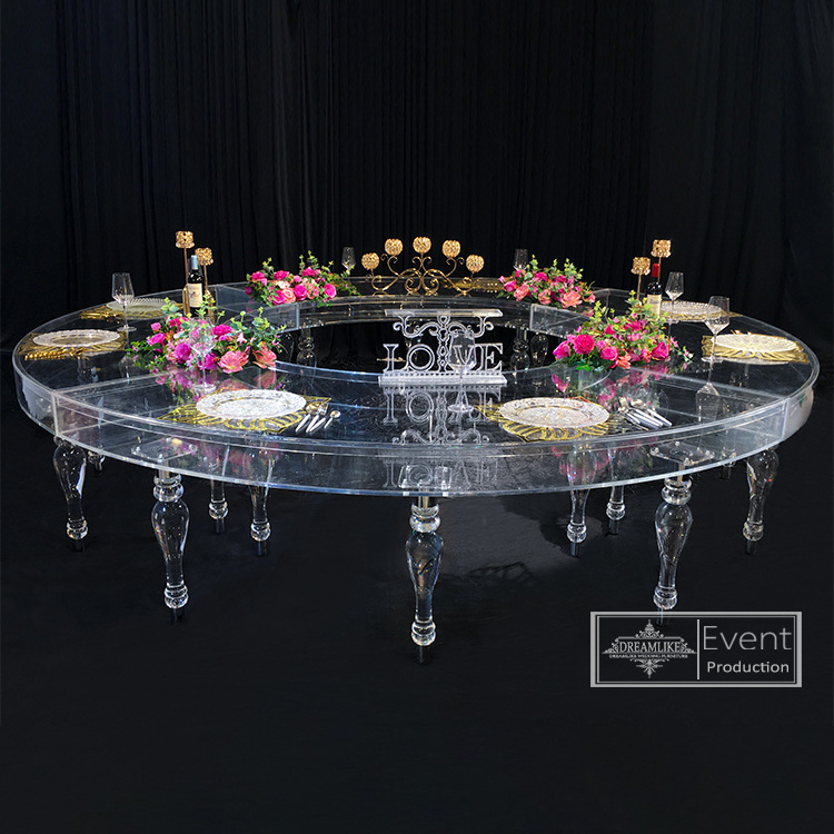 New arrival half moon plastic clear acrylic wedding acrylic dining table clear round transparent