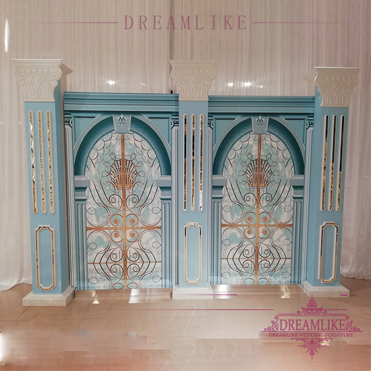 Mediterranean blue dreamlike furniture rectangular plastic pvc base blue arch window gate wedding stage backdrop