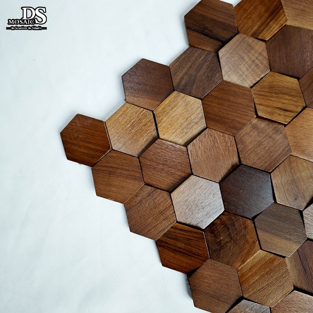 Hexagonal Home Decoration Natural Wooden Honeycomb TV Background 3D Wall Solid Wood Mosaic Tiles Backsplash