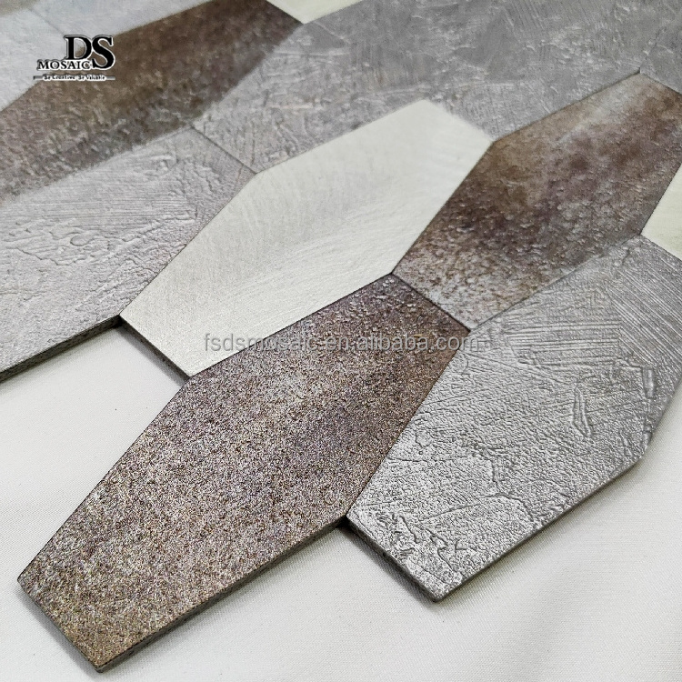 Gray Self Adhesive Aluminum Tiles Long Hexagon Shape Backsplash Indoor Wall Decor Peel And Stick Mosaic Tile