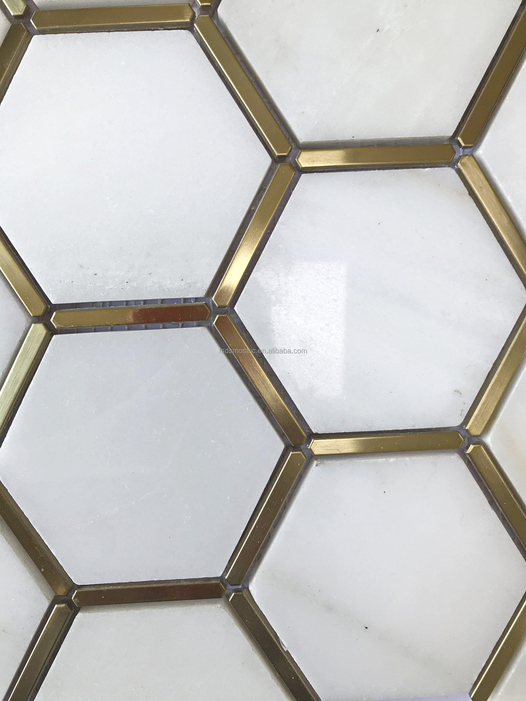 White Honeycomb Stone Mosaic Hexagon with Gold Metal Strips Marble Mosaic Tiles Bathroom Kitchen Wall Flooring Backsplash