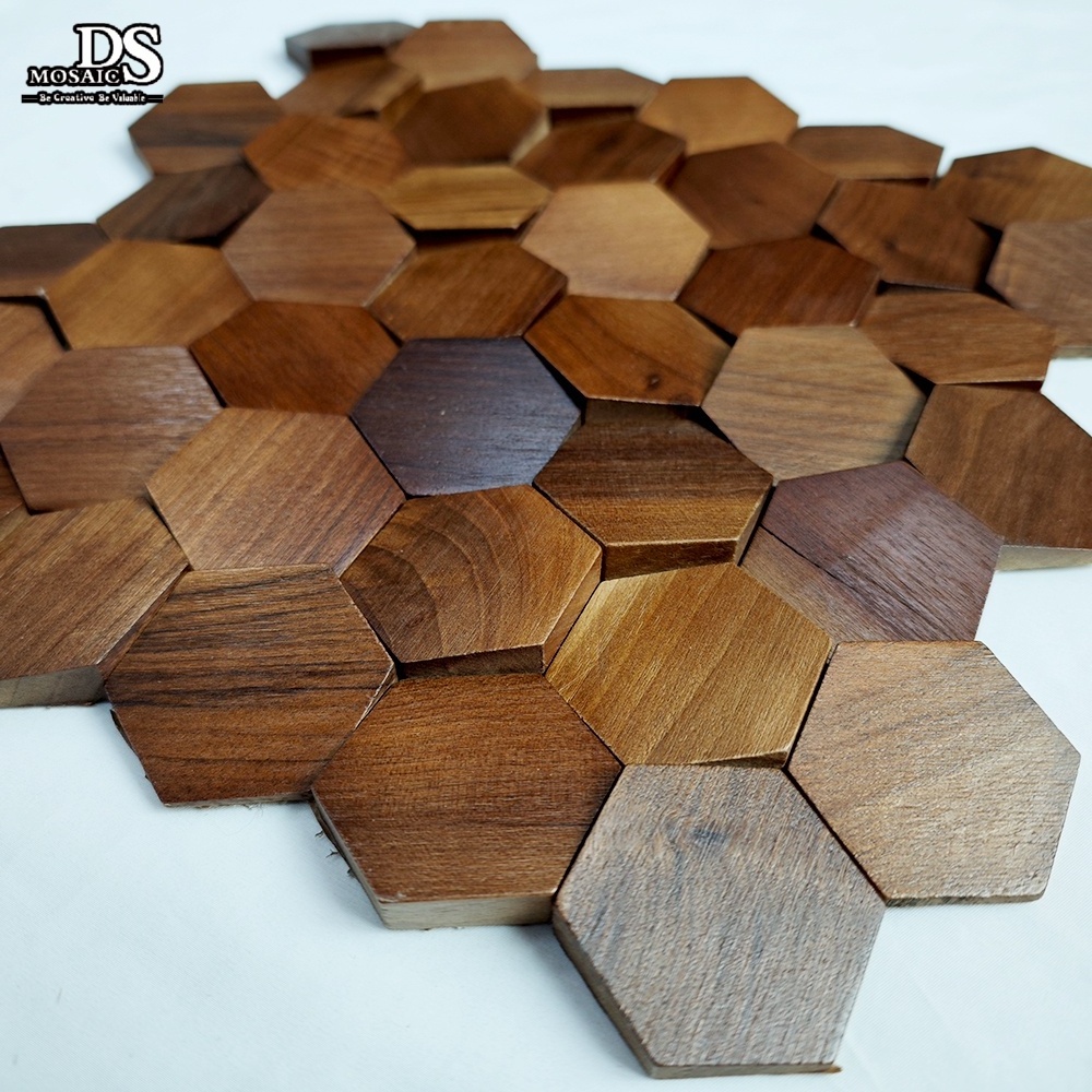 Hexagonal Home Decoration Natural Wooden Honeycomb TV Background 3D Wall Solid Wood Mosaic Tiles Backsplash