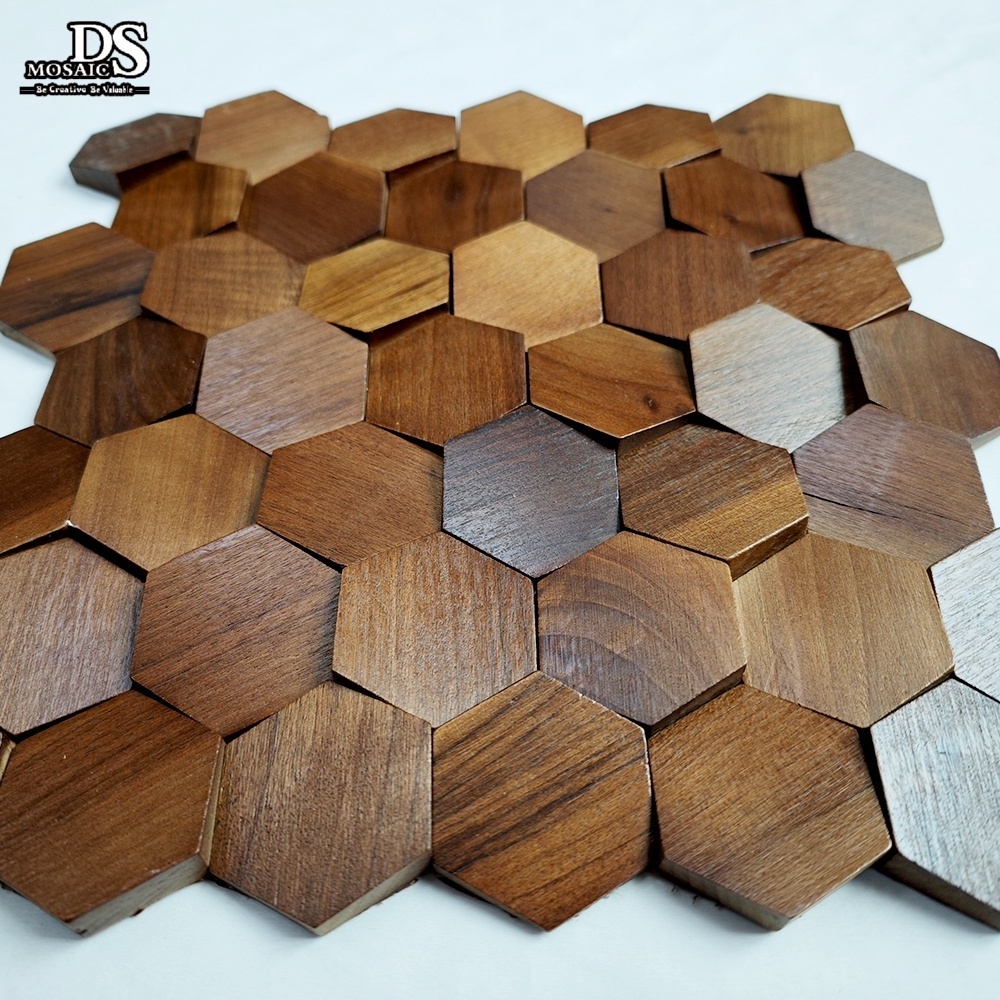 Hexagonal Home Decoration Natural Wooden Honeycomb TV Background 3D Wall Solid Wood Mosaic Tiles Backsplash