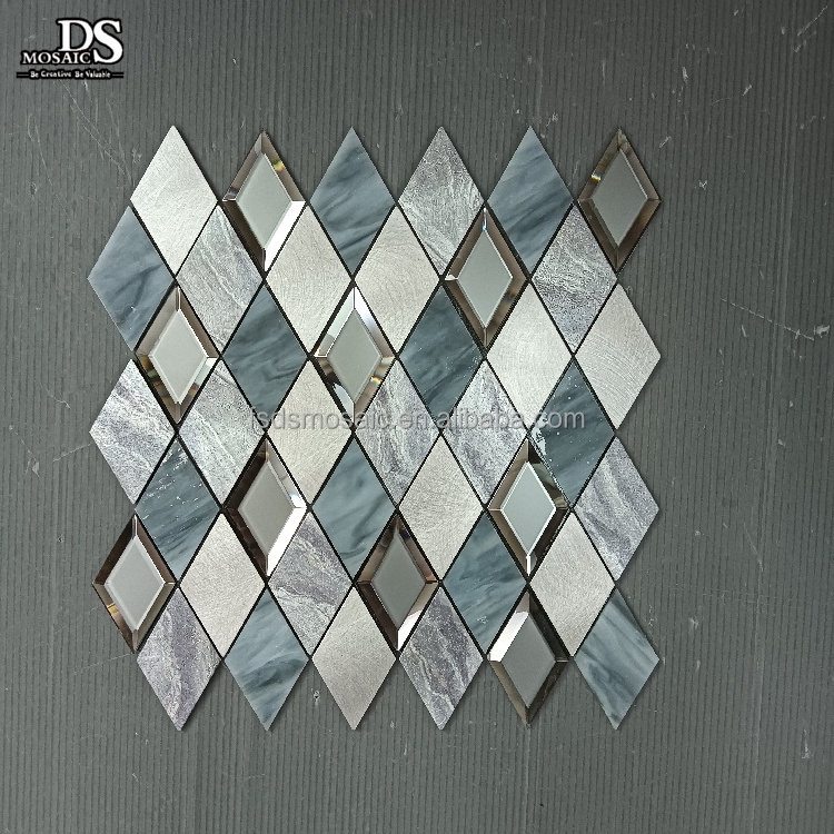 Rhombus Decorative Self-Adhesive Wall Tiles Sticker Diamond Bevel Mirror Glass Mix Aluminum Peel and Stick Mosaic Backsplash