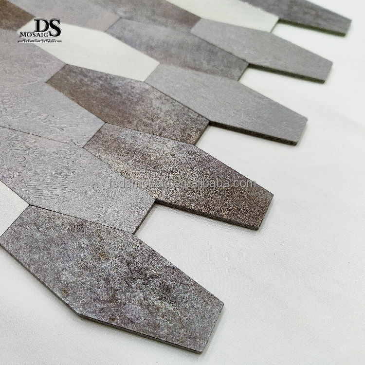 Gray Self Adhesive Aluminum Tiles Long Hexagon Shape Backsplash Indoor Wall Decor Peel And Stick Mosaic Tile