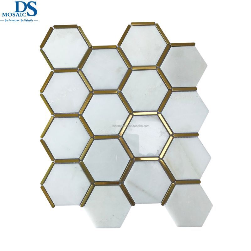 White Honeycomb Stone Mosaic Hexagon with Gold Metal Strips Marble Mosaic Tiles Bathroom Kitchen Wall Flooring Backsplash