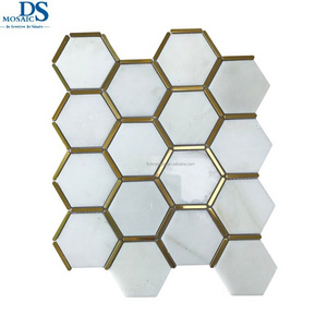 White Honeycomb Stone Mosaic Hexagon with Gold Metal Strips Marble Mosaic Tiles Bathroom Kitchen Wall Flooring Backsplash