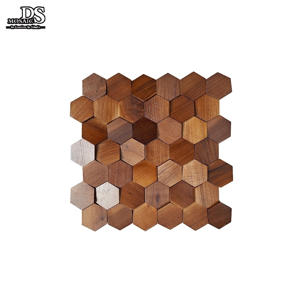 Hexagonal Home Decoration Natural Wooden Honeycomb TV Background 3D Wall Solid Wood Mosaic Tiles Backsplash