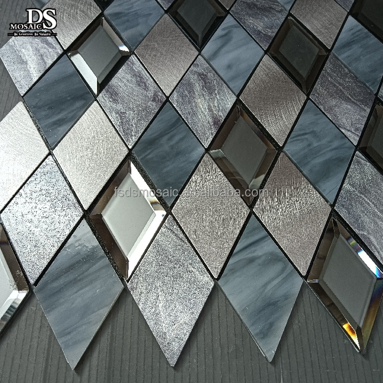 Rhombus Decorative Self-Adhesive Wall Tiles Sticker Diamond Bevel Mirror Glass Mix Aluminum Peel and Stick Mosaic Backsplash