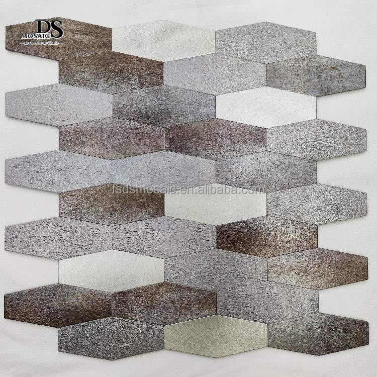 Gray Self Adhesive Aluminum Tiles Long Hexagon Shape Backsplash Indoor Wall Decor Peel And Stick Mosaic Tile