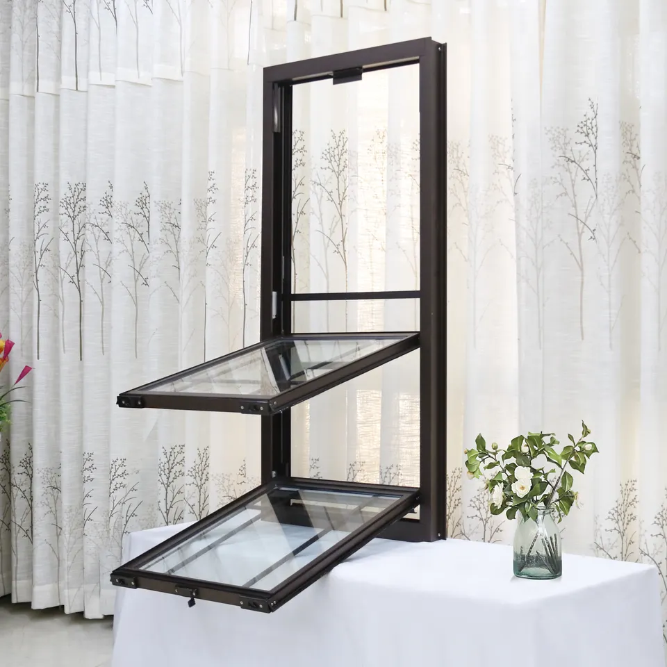 Custom american style black aluminum double glazed glass up down vertical sliding double-hung sash window