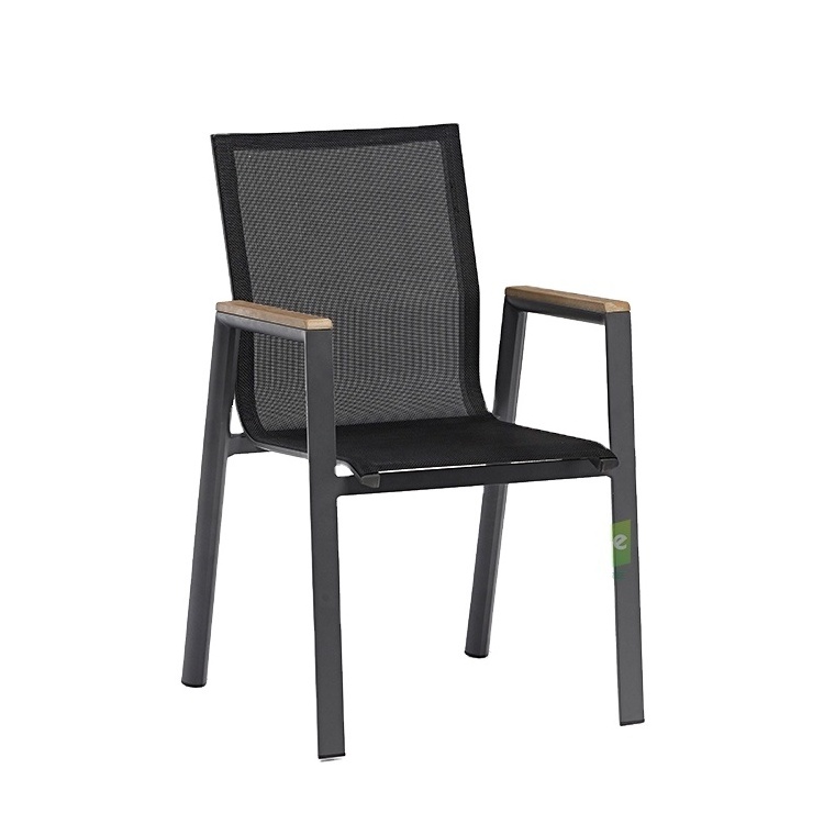 (E3042) Aluminum metal black stackable outdoor patio cafe dining chairs with teak armrests