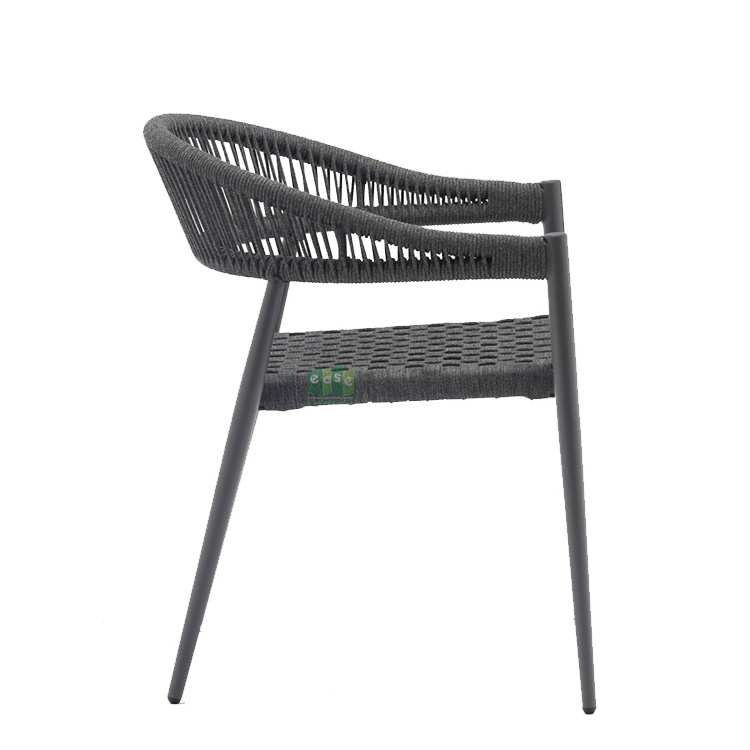 (E7071R) Metal black woven rope seat cafes dining chairs for outdoor patio restaurant table