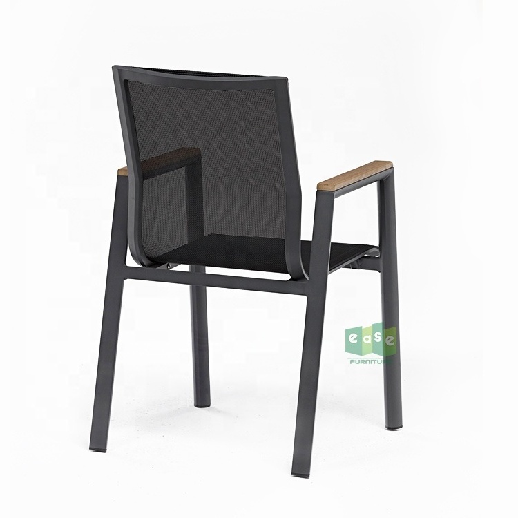 (E3042) Aluminum metal black stackable outdoor patio cafe dining chairs with teak armrests