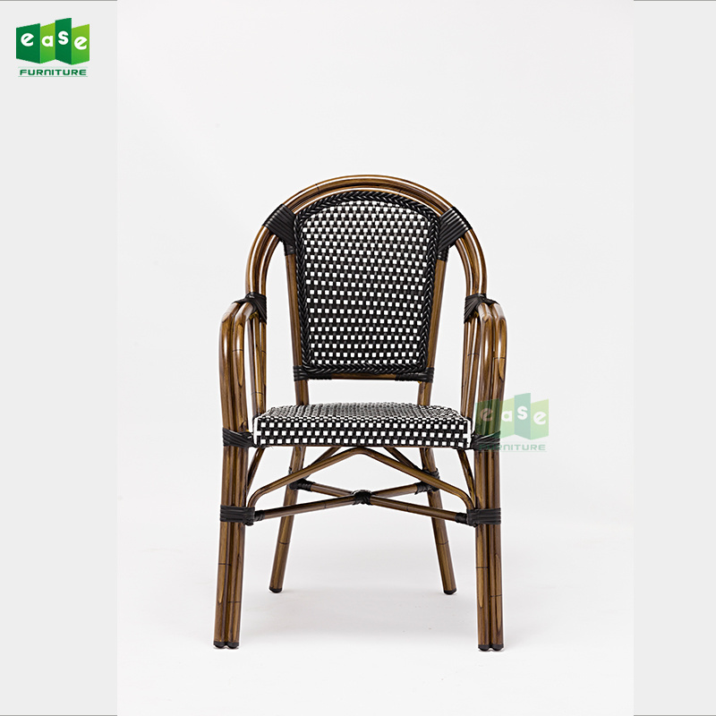 Bamboo look aluminum wicker bistro chair with arm for cafe restaurant (E6016)