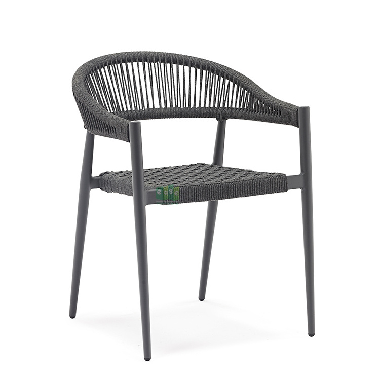 (E7071R) Metal black woven rope seat cafes dining chairs for outdoor patio restaurant table