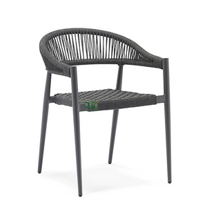 (E7071R) Metal black woven rope seat cafes dining chairs for outdoor patio restaurant table