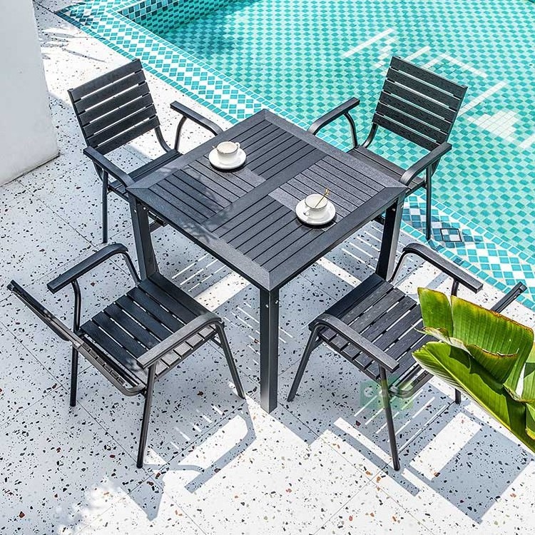 (E7310) Commercial hotel outdoor furniture black metal stacking garden dining chairs