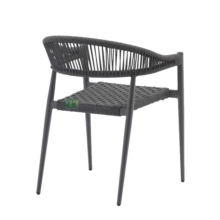 (E7071R) Metal black woven rope seat cafes dining chairs for outdoor patio restaurant table